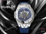 High Quality Replica HUBLOT BIG BANG SANG BLEU II Dark Blue Fluororubber Strap Dark Blue Skeletonized Geometric Face Dial Titanium With Diamond-Set Case Watch 45mm